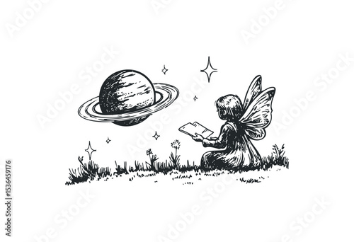 Fairy child reading with saturn in the sky. Vector retro hand drawn illustration