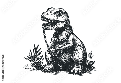 Vintage dinosaur illustration: t-rex holding chain in detailed sketch. Vector retro hand drawn illustration