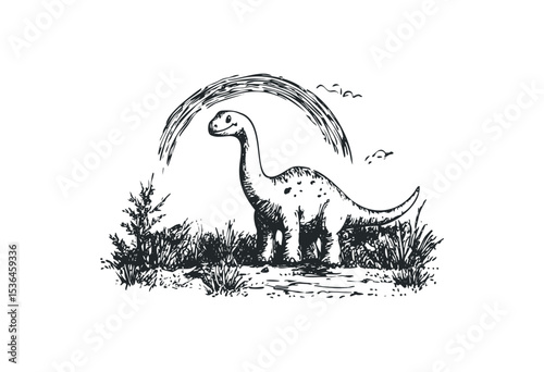 Hand-drawn dinosaur in prehistoric landscape with vegetation and birds. Vector retro hand drawn illustration