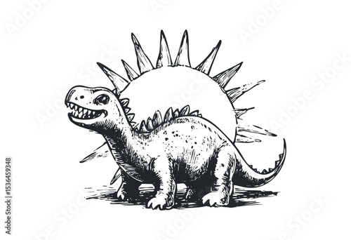 Cartoon dinosaur with sunburst design and spiky tail. Vector retro hand drawn illustration