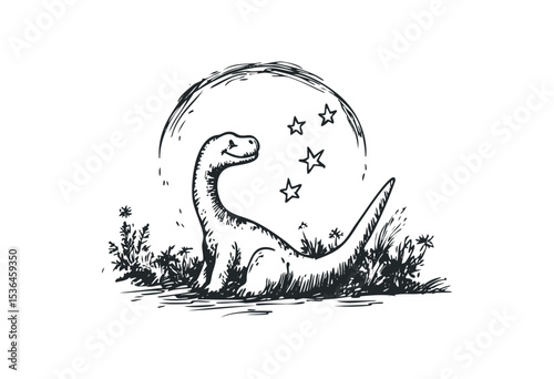Sketch of a dinosaur sitting and gazing at stars with plants. Vector retro hand drawn illustration