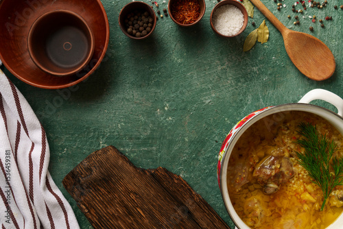 Thick German delicious soup with meat, cereals and vegetables
