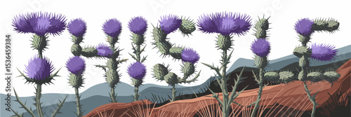 Thistle text made of spiky flowers in highland – Perfect for botanical branding, Scottish heritage visuals, or rugged nature design.