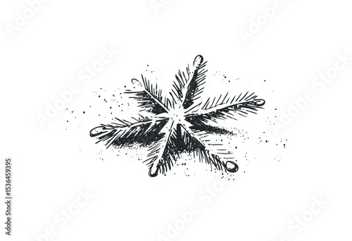 Hand-drawn snowflake illustration with detailed branches and ink splatter effect. Vector retro hand drawn illustration