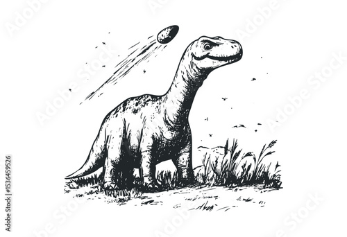 Dinosaur and meteorite sketch depicting prehistoric scene. Vector retro hand drawn illustration