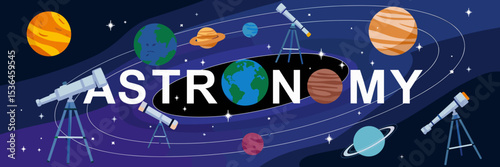 Astronomy-themed text with planets and telescopes – Suitable for educational infographics, science magazines, or space exhibitions