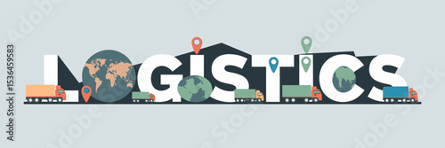 Logistics concept illustration with world maps, trucks, and pins – Great for global delivery platforms, transport-themed content, or shipping apps
