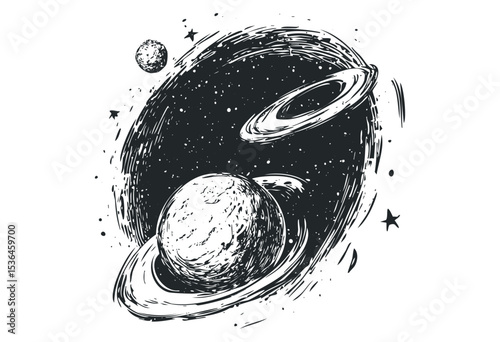 Hand-drawn solar system with planets and rings in space. Vector retro hand drawn illustration