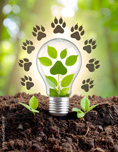 A green plant with a paw print leaf grows inside a light bulb on rich soil, surrounded by floating paw prints and a lush, blurred green background, symbolizing eco-friendly pet care
