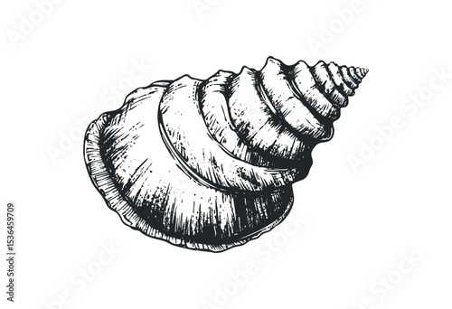 Detailed sketch of a seashell with spiral pattern and textured surface. Vector retro hand drawn illustration