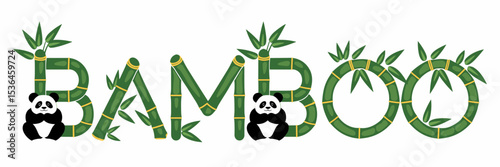 Bamboo text made of green stalks with pandas and leaves on white background