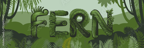 Fern text with jungle fronds and lush green foliage in tropical forest
