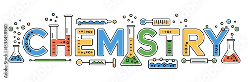 Chemistry vector with colorful liquids, bubbles, and flasks – Ideal for academic publishing, science events, or educational products