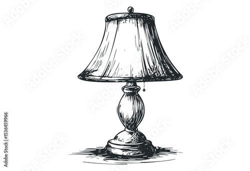 Classic table lamp sketch with elegant lampshade and detailed base design. Vector retro hand drawn illustration