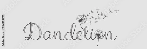 Linework illustration of dandelion puff with floating seeds on white background