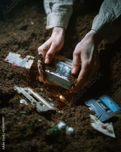 Hands burying retro objects like photo, letter, cassette included, concept of memory preservation