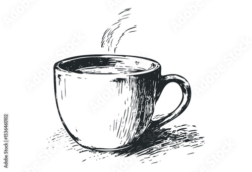 Hand-drawn coffee cup sketch with steam in monochrome style. Vector retro hand drawn illustration