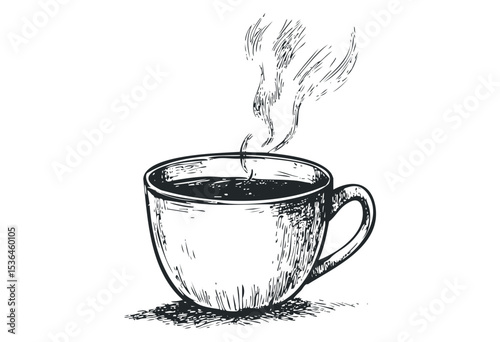 Hand-drawn steaming coffee cup sketch with artistic details. Vector retro hand drawn illustration