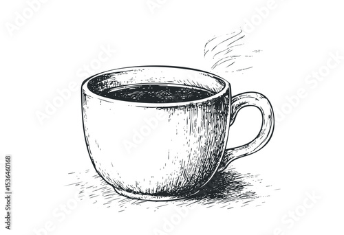 Vintage sketch of a steaming cup of coffee in detailed line art style. Vector retro hand drawn illustration