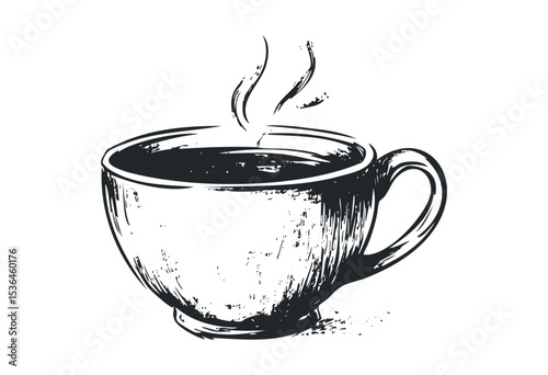 Vintage sketch of a steaming coffee cup with detailed etching. Vector retro hand drawn illustration