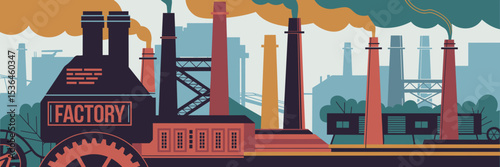Vintage industrial scene with smokestacks, gears, and machinery – Great for manufacturing websites, production-themed graphics, or steampunk designs