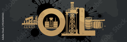 Industrial oil-themed illustration with rigs, barrels, and black splashes – Ideal for energy sector content, industrial branding, or oil production campaigns