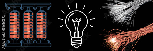 Electrical components including filament bulb, transformer, and sparking wires – Great for technology blogs, power grid visuals, or energy-related content