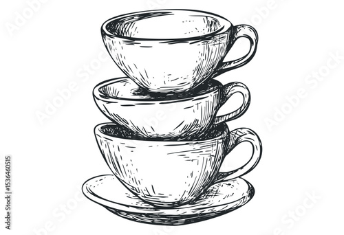 Stacked sketch of three tea cups on a saucer in detailed black and white line art. Vector retro hand drawn illustration