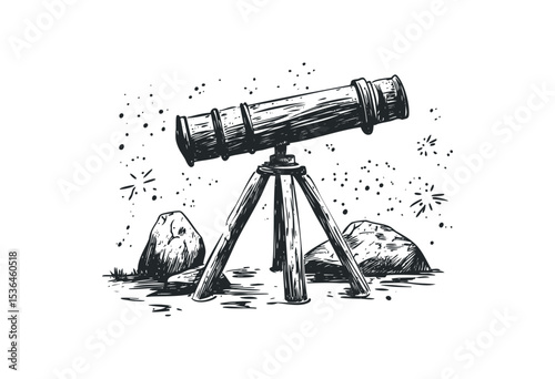 Vintage telescope on tripod with rocks and stars in background. Vector retro hand drawn illustration