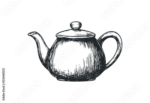 Hand-drawn sketch of a teapot with lid and curved handle in ink style. Vector retro hand drawn illustration