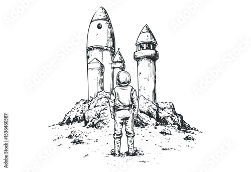 Astronaut exploring alien landscape with rocket towers. Vector retro hand drawn illustration