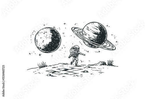 Child astronaut exploring planets and stars in space. Vector retro hand drawn illustration