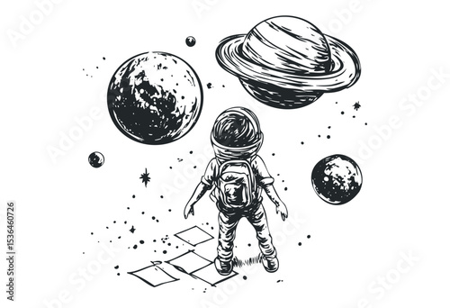 Young astronaut exploring space with planets and stars. Vector retro hand drawn illustration