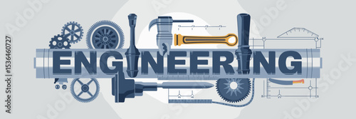Engineering word with crankshaft, piston, and blueprints on white – Perfect for mechanical branding, industrial design projects, or STEM visuals
