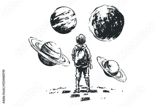 Young boy gazing at planets in a surreal scene. Vector retro hand drawn illustration