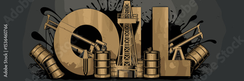 Bold "Oil" typography with rigs, barrels, and splashes – Great for energy company websites, engineering presentations, or environmental impact content