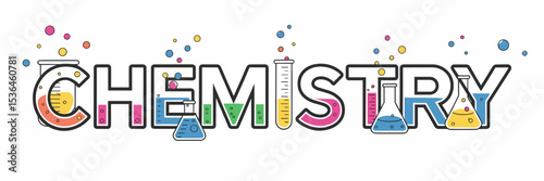 Chemistry text with colorful beakers and bubbling reactions – Suitable for school supplies, chemistry tutorials, or science lab promotions