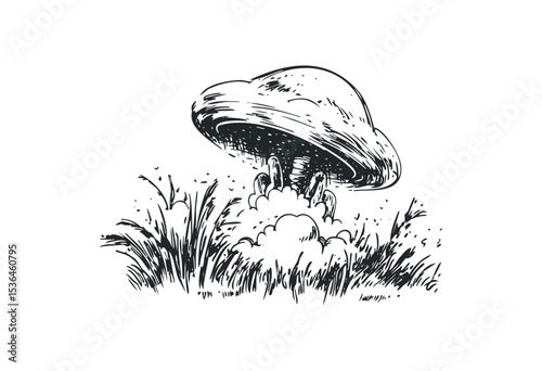 Vintage mushroom sketch with grassy details in black and white. Vector retro hand drawn illustration