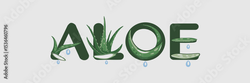 Aloe text with healing plant and water drops – Great for skincare branding, natural remedy content, or botanical design.