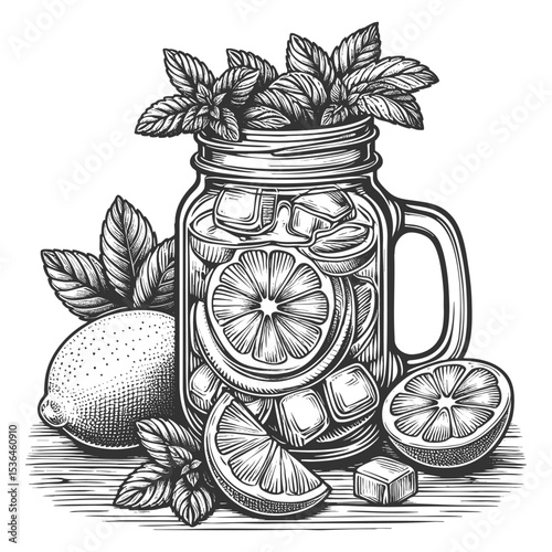 mason jar filled with lemon slices, ice cubes, and mint leaves, evoking summer freshness sketch engraving generative ai vector illustration. Scratch board imitation. Black and white image.