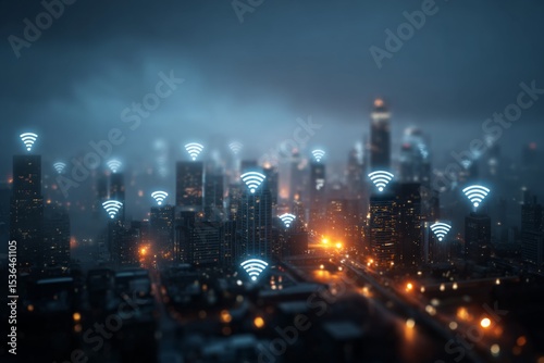 Wallpaper Mural Futuristic city skyline overlaid with glowing smart technology icons and connected systems. Torontodigital.ca