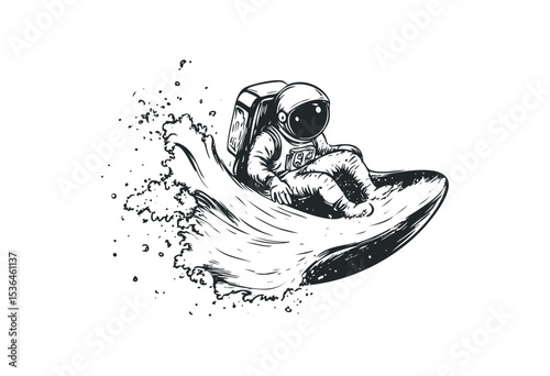 Astronaut surfing wave in space-themed illustration. Vector retro hand drawn illustration