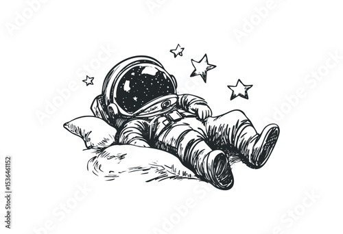 Illustration of astronaut relaxing in space with stars and pillow. Vector retro hand drawn illustration