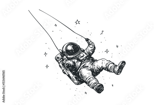 Astronaut child swinging in space suit with stars. Vector retro hand drawn illustration
