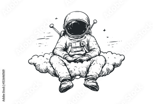 Illustration of astronaut sitting on a cloud with stars. Vector retro hand drawn illustration