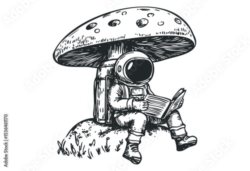 Astronaut reading under mushroom: surreal space exploration concept art. Vector retro hand drawn illustration