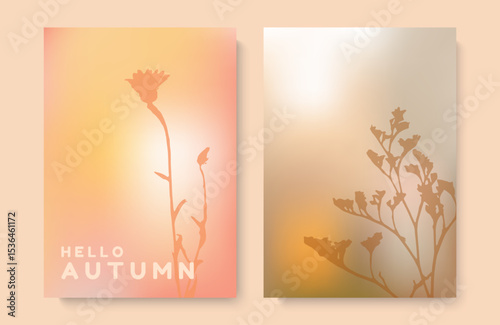 Autumn meadow at sunset, dry flowers in the sunbeams. Gradient background in autumn tones. Vertical vector orange yellow template.