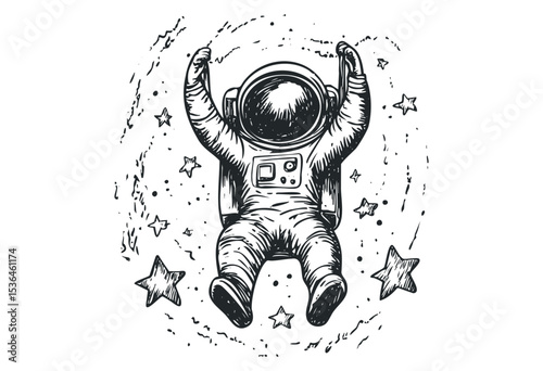 Illustration of an astronaut floating in space surrounded by stars. Vector retro hand drawn illustration