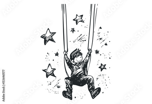 Sketch of a joyful child swinging among stars in black and white. Vector retro hand drawn illustration