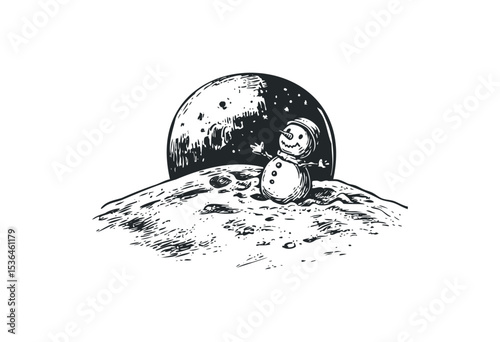 Snowman enjoying a lunar landscape with moon in background. Vector retro hand drawn illustration